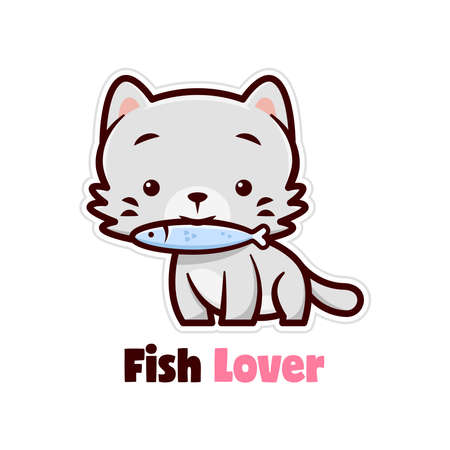 CUTE LITTLE GREY CAT EATING A FISHのイラスト素材