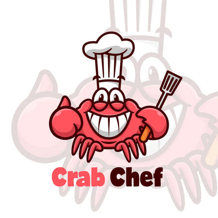 FUNNY RED CRAB WEARING CHEF HAT AND BRING SPATULAのイラスト素材