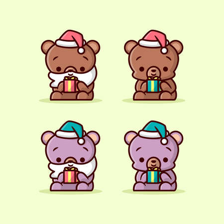 CUTE BROWN AND PURPLE BEAR HOLDING LITTLE CHRISTMAS PRESENTのイラスト素材
