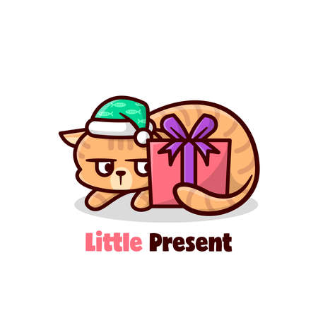 FUNNY EXPRESSION ORANGE CAT WHEN SEE A CHRISTMAS PRESENTのイラスト素材