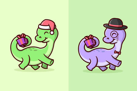 CUTE GREEN AND PURPLE BRONTOSAURUS BRING LITTLE CHRISTMAS PRESENTのイラスト素材