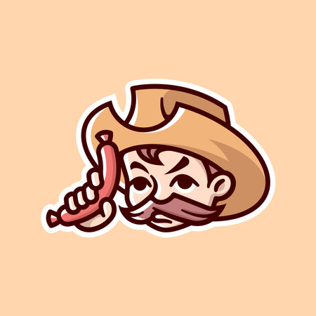 A COWBOY WITH MUSTACHE AND BRING A SAUSAGE CARTOON LOGO FOR CULINARY BUSINESSのイラスト素材