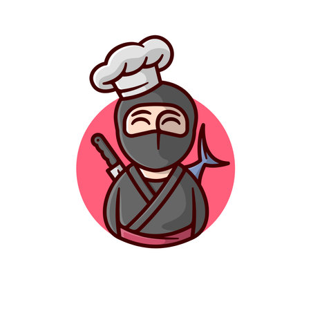 A SMILING NINJA WEARING WHITE CHEF HAT AND BRING FISH AND KNIFE ON HIS BACK CARTOON LOGOのイラスト素材