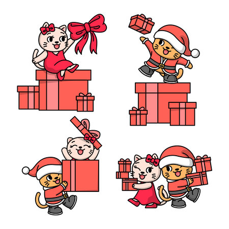 HAPPY COUPLE CAT IN CHRISTMAS COSTUME WITH BIG RED PRESENT BOX ILLUSTRATIONのイラスト素材