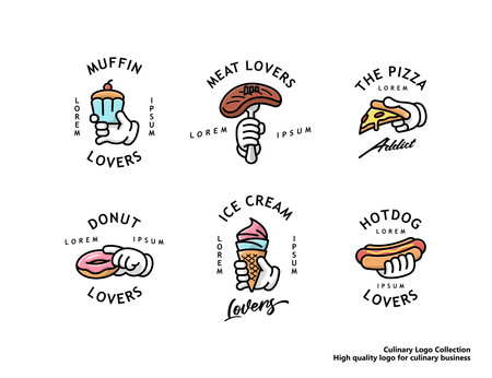 CULINARY LOGO SET FOR BUSINESS MUFFIN STEAK PIZZA DONUT ICE CREAM AND HOTDOGのイラスト素材