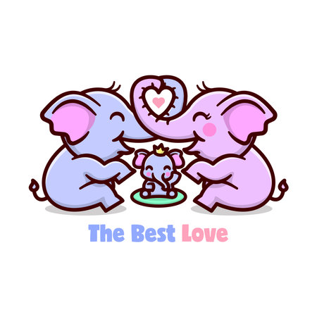 CUTE ELEPHANT FAMILY SHARING LOVE. HAPPY VALENTINE DAY ILLUSTRATIONのイラスト素材