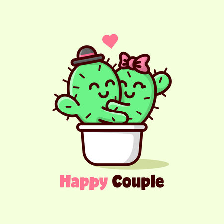 CUTE CACTUS COUPLE HUGGING EACH OTHER AND FEELING LOVELYのイラスト素材