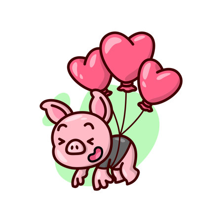 CUTE PIG WEARING BLACK T SHIRT IS FLOWN BY RED HEART SHAPE BALLOONS. VALENTINE'S DAY ILLUSTRATION.のイラスト素材