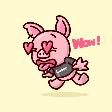 CUTE PIG FEELING SO IN LOVE EXPRESSION UNTIL HIS EYES JUMP OUT AND TURN IN TO HEART SHAPE. VALENTINE'S DAY ILLUSTRATION.のイラスト素材