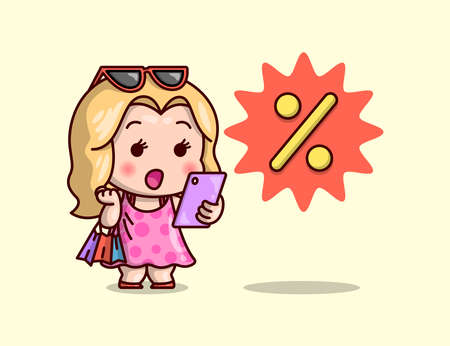 CUTE BLONDE WOMAN BRINGS SHOPPING BAG ARE SHOPPING ONLINEのイラスト素材