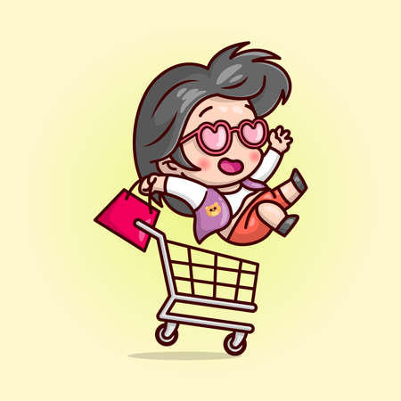 HAPPY CUTE WOMAN BRING A SHOPPING BAG AND RIDE A SHOPPING CART CARTOON ILLUSTRATION.のイラスト素材