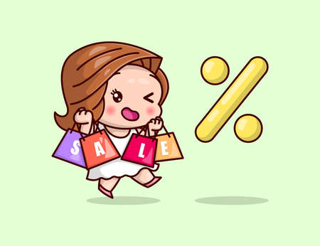 CUTE BROWN HAIR WOMAN BRINGS SHOPPING BAGS WITH SALE WRITE DOWN.のイラスト素材
