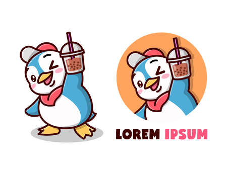 CUTE BLUE PENGUIN BRINGS A BOBA DRINK CARTOONのイラスト素材