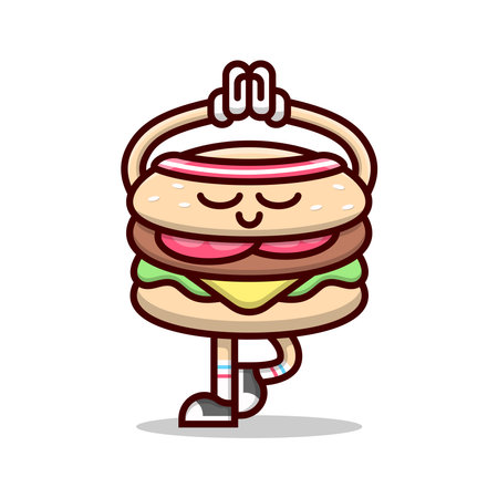 CUTE HAMBURGER DOING A YOGA POSITION CARTOON ILLUSTRATION.のイラスト素材