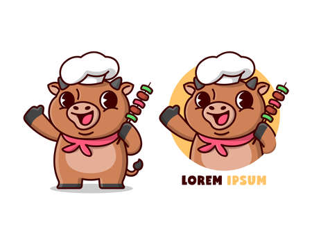 CUTE BROWN BULL CHEF BRINGS A BARBEQUE MEAT IN CARTOON STYLE MASCOT.のイラスト素材
