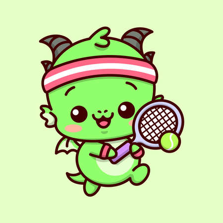 CUTE LITTLE BABY GREEN DRAGON IS PLAYING TENNIS WITH A PURPLE TENNIS RACKET AND WEARING RED HEADBAND CARTOON CHARACTER DESIGNのイラスト素材