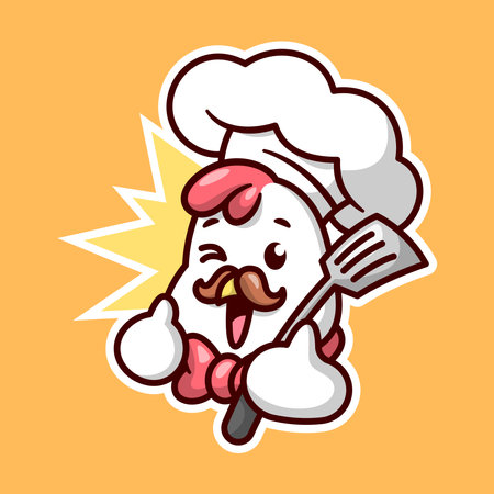 CUTE CHICKEN CHEF WITH BROWN MUSTACHE IS SMILING AND BRINGING A SPATULA. HIGH QUALITY CARTOON MASCOT DESIGN.のイラスト素材