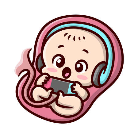CUTE UNBORN BABY IS PLAYING GAMES AND WEARING HEADPHONE IN HIS MOM'S WOMB. CARTOON ILLUSTRATION.のイラスト素材