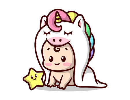CUTE BABY IN WHITE UNICORN COSTUME WITH A LITTLE STAR. CARTOON ILLUSTRATION.のイラスト素材