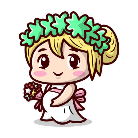 Cute blonde pregnant woman is wearing wedding dress. High quality cartoon illustration.のイラスト素材