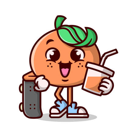 CUTE ORANGE CARTOON MASCOT IS STANDING WITH HIS SKATEBOARD AND HOLDING A CUP ORANGE JUICE.のイラスト素材