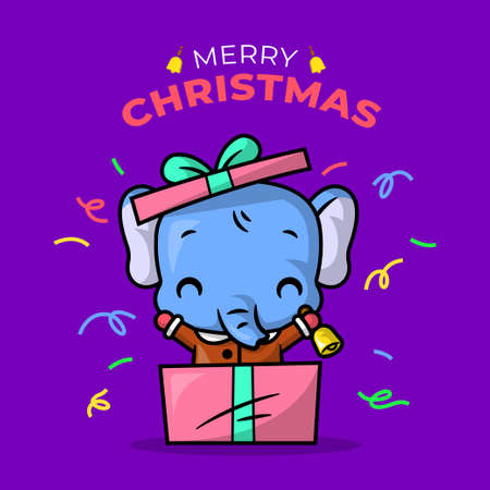 A CUTE ELEPHANT IS COMING OUT FROM THE PRESENT BOX AND GREETING MERRY CHRISTMAS.のイラスト素材