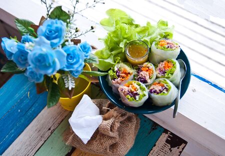 thai traditional tuna salad with noodle and chili sauceの写真素材