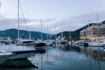 Sailing Boats in Marina at Sunset. Tivat. Montenegroの写真素材
