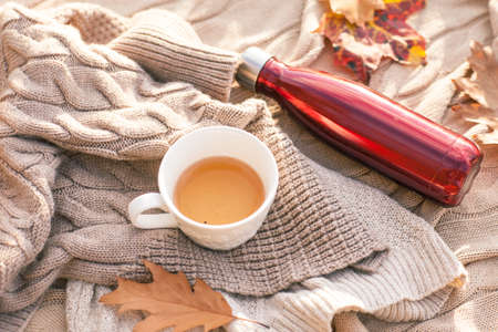 Warm knitted sweater,cup of hot tea and red thermos