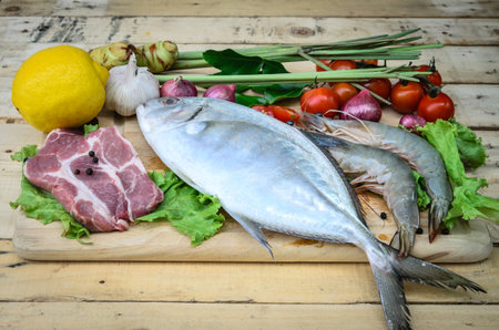 A set of seafood and vegetables