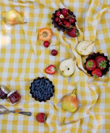 Picnic at the park. Fresh fruits and small jars with tasty jamの写真素材