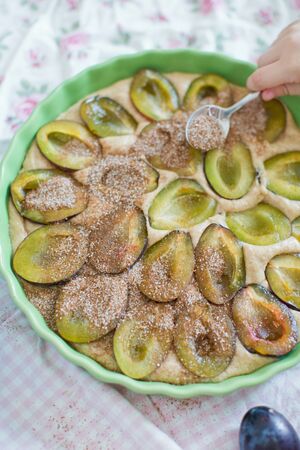 Little caucasian boy helps cooking tart with fresh plumsの写真素材