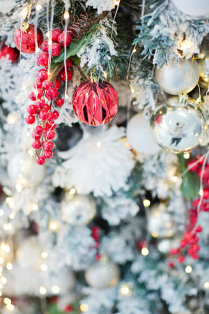 Christmas tree with red and white decorationsの写真素材