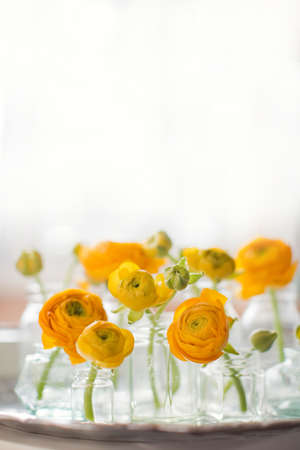 Beautiful orange ranunculus flowers in vintage bottles and vases standing on a vintage silver tray. Small bouquets or giftsの写真素材