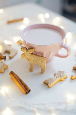 Hot cocoa drink or hot chocolate with Christmas cookies on a white background. Winter drink, cozy Christmas backgroundの写真素材