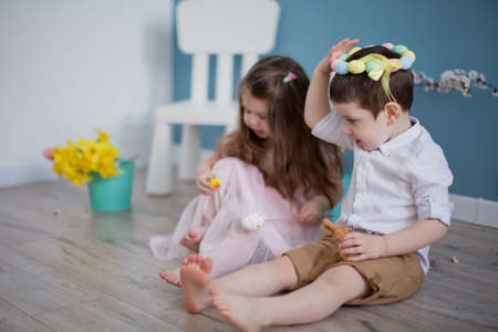 Cute toddler girl and boy near daffodills and apricot blossom branches. Spring decorations on blue background wallの写真素材