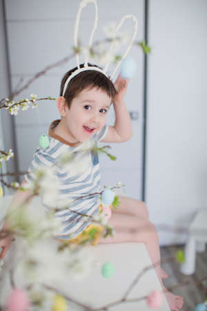 Caucasian toddler boy with funny bunny ears near easter tree with colorful eggs on a white...