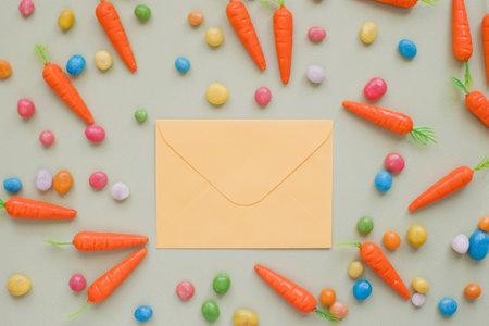 Orange envelope and bright colorful pattern with small carrots and candies. Easter background with carrots, sweets and envelope letterの写真素材