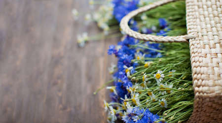 Cornflowers and chamomile in straw wicker bag on a brown wooden background with copy space, place for textの写真素材