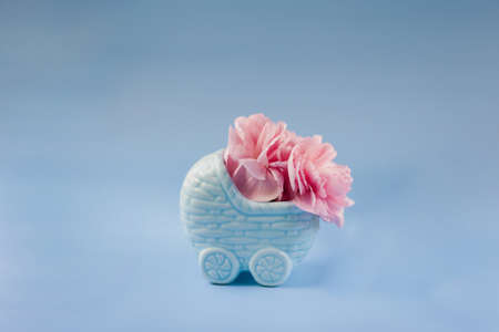Blue pram vase with pink flowers. Gender reveal party with pink and blue decorations on a blue background. boy or girl partyの写真素材