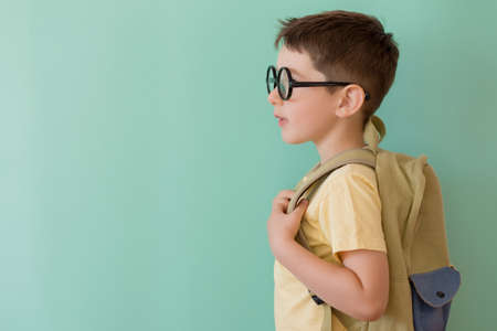 Caucasian preschool boy with school backpack holds book on a light green background with copy spaceの写真素材