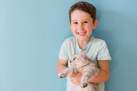 Caucasian boy and grey british cat on a blue background with copy spaceの写真素材