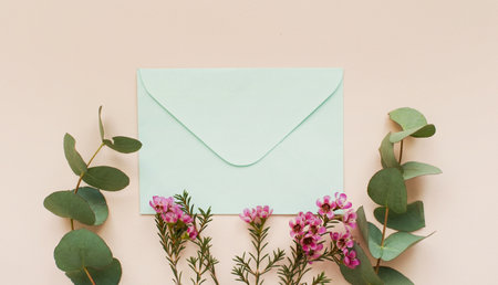 Blue envelope and fresh eucalyptus branches on a beige background with copy spaceの写真素材