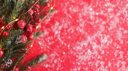 Christmas red backround with snow confetti, fir tree garland with red berries, copy spaceの写真素材