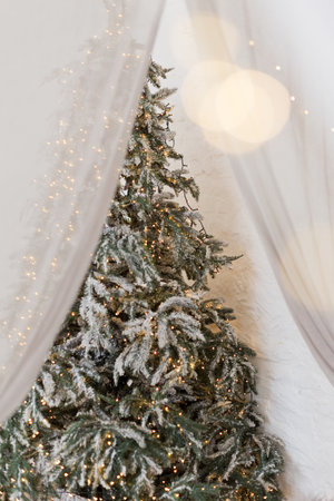 Christmas tree with lights near curtains. Bedroom with Christmas tree and decorationsの写真素材