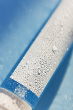 Blue cosmetic bottle with water drops on a blue background, mockup with copy spaceの写真素材