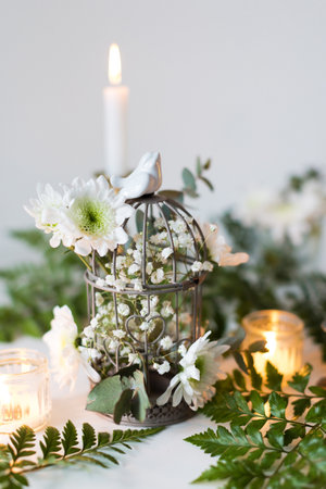 Beautiful decoration with bird cage and flowers on a white backgroundの写真素材