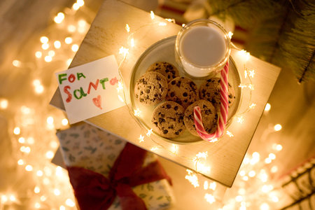Milk, cookies for Santa Claus and letter near Christmas treeの写真素材