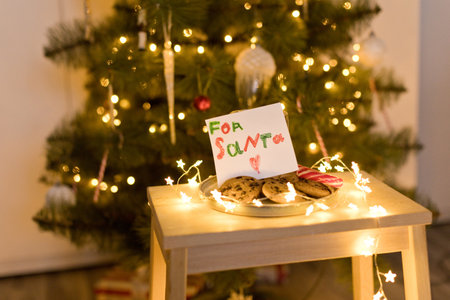 Milk, cookies for Santa Claus and letter near Christmas treeの写真素材