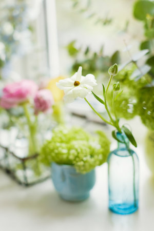 Beautiful flowers in vintage vases and glass bottlesの写真素材
